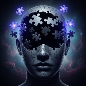 Gray head with parts missing and floating puzzle pieces.