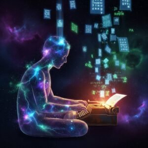A surreal digital painting of a cosmic figure typing on a glowing typewriter amidst floating, fragmented text in space.