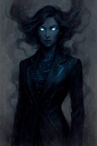 Dark charcoal woman with glowing teal eyes and black tendrils coming off of her.
