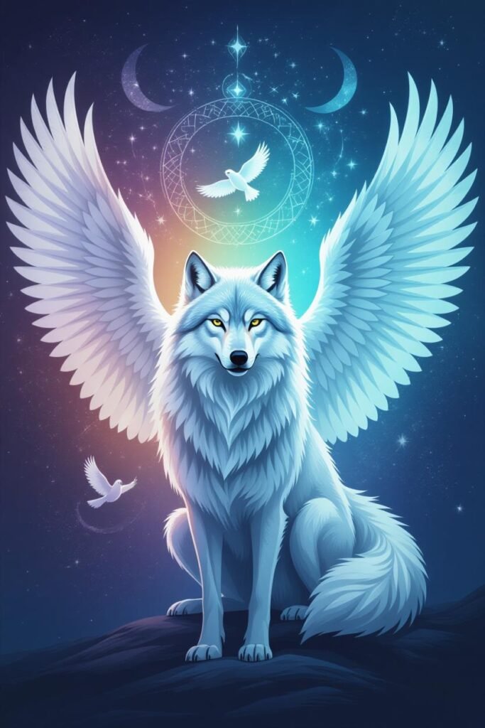 White winged wolf sitting on plain rock with decorative lines, doves behind it