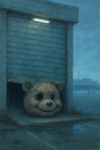 Beat up bear mascot head with one missing eye holding up a truck delivery bay door. Dismal atmosphere.