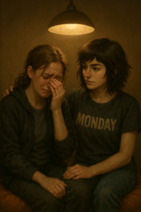 Image of a woman crying with another woman to her right with black hair wearing a shirt that says "Monday."