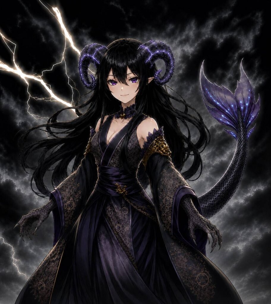 Woman wearing a black dramatic dress with ram horns and dragon tail standing in front of a lightening storm.