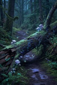 Dark fallen tree with digital lines and glowing murshooms in a forest crossing a trail with glowing footprint like markings.